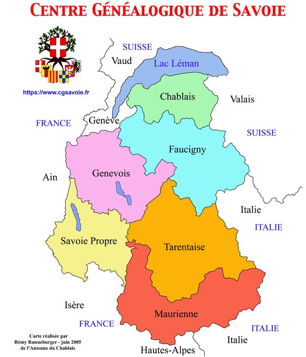 Map of the old provinces of Savoy: Chablais, Faucigny, Genevois, Savoie Propre, Tarentaise and Maurienne